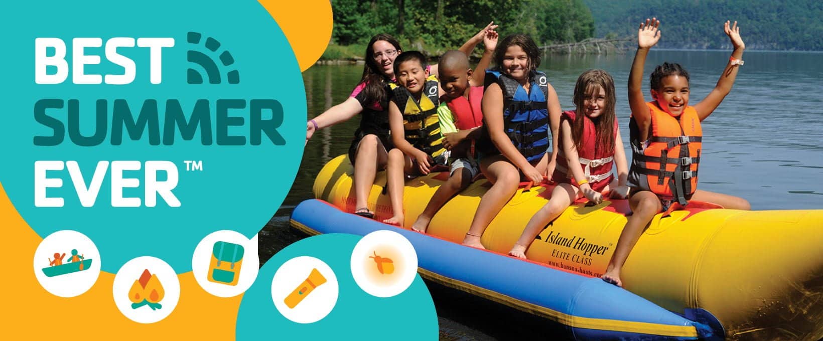 This image features a promotional banner for what is labeled as the "BEST SUMMER EVER". The left side of the banner has a blue and teal color