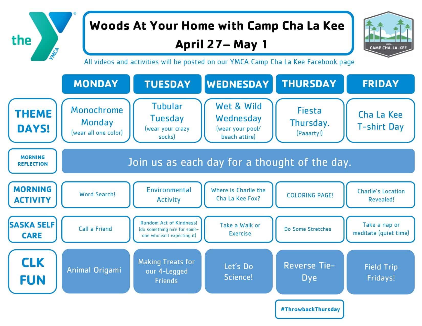 The image presents a schedule titled "Woods At Your Home with Camp Cha La Kee" covering activities from April 27 to May 1. The
