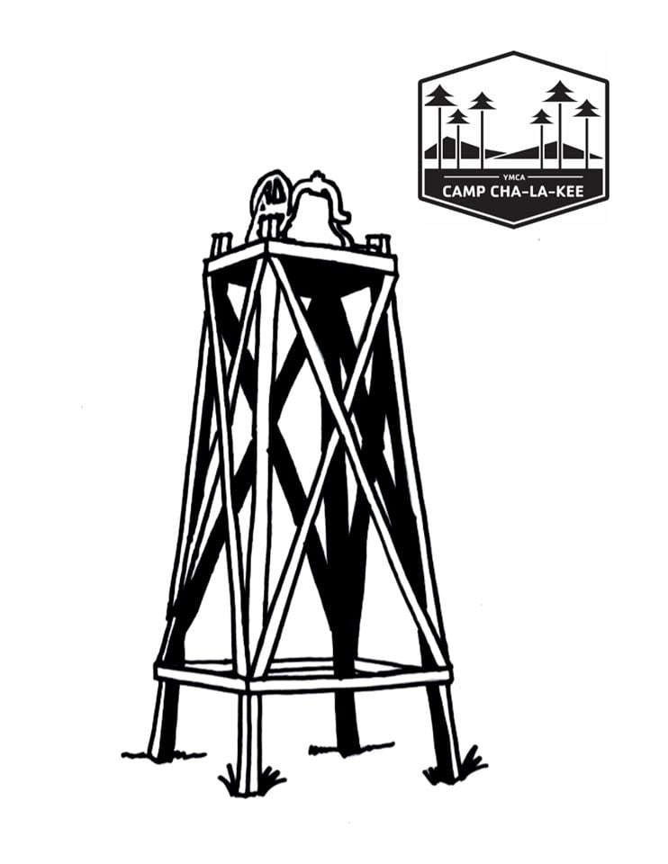 This image depicts a simple, black and white illustration of two people on an elevated wooden platform or lookout tower. The tower's structure includes a series of