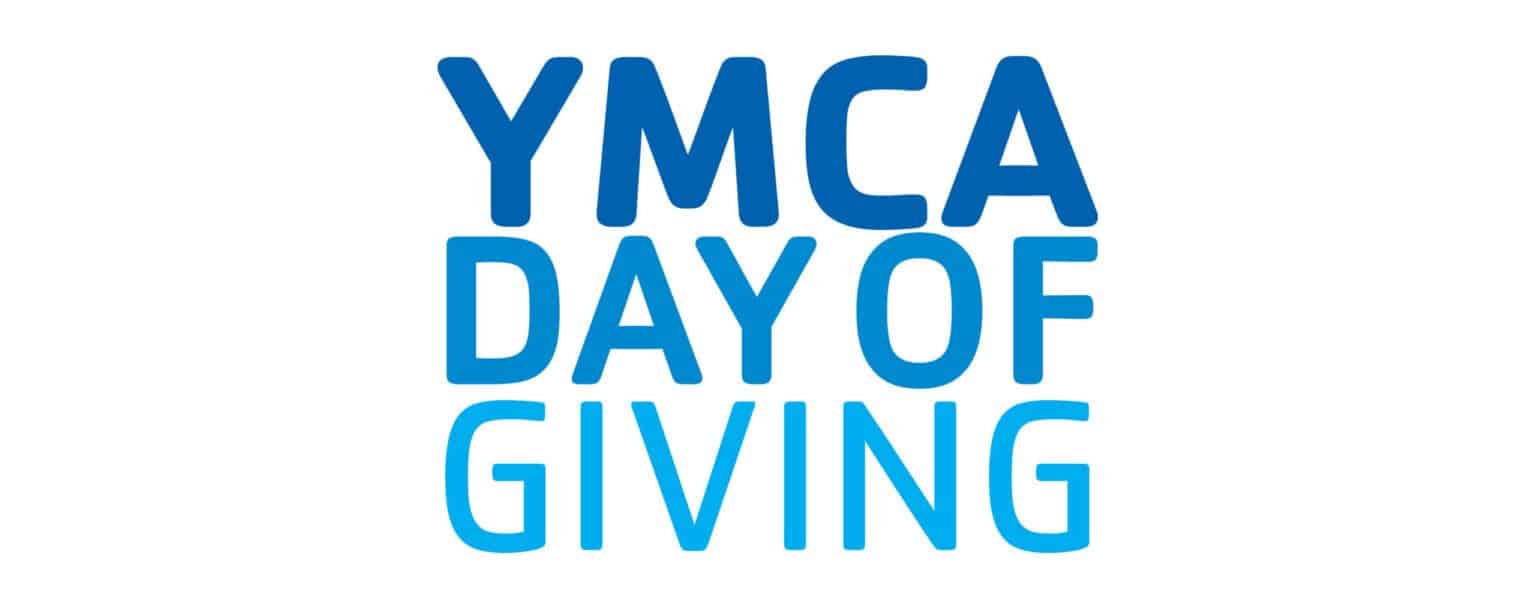 The image features the text "YMCA DAY OF GIVING" in a bold, blue font. The letters are arranged in a straightforward, clean style