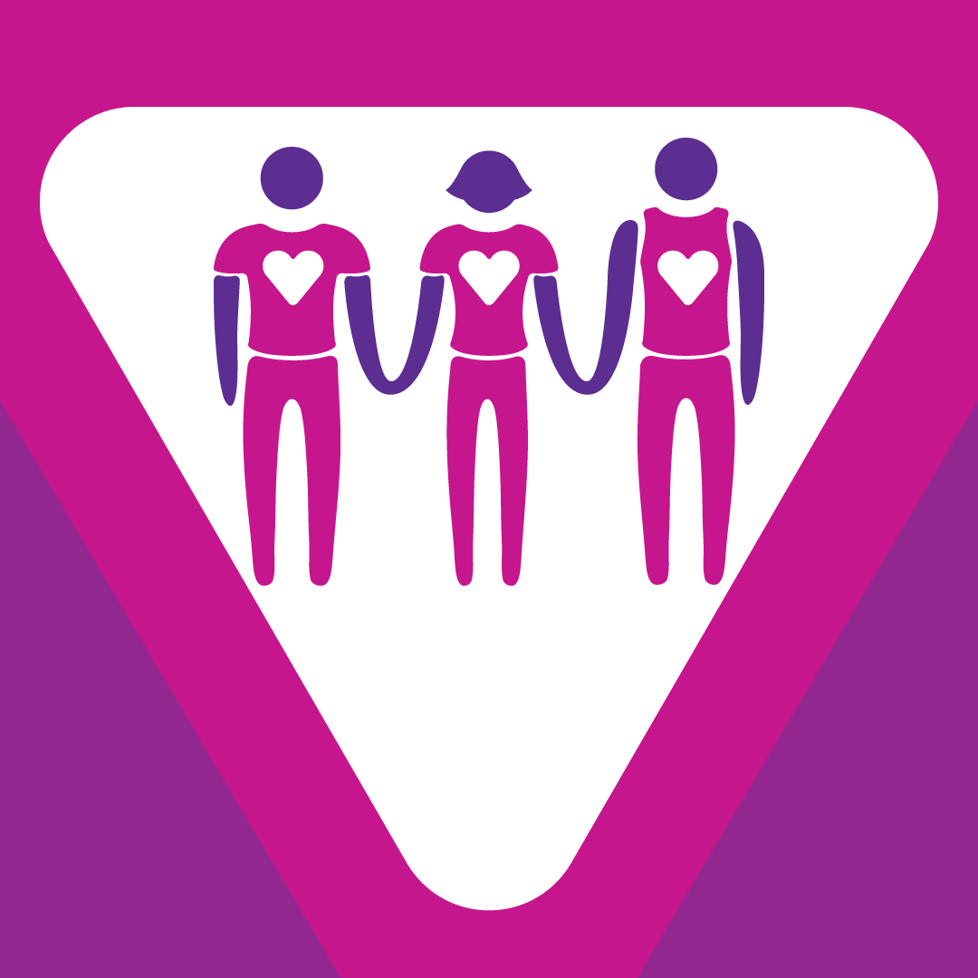 This image features a stylized graphic of three people holding hands. They are depicted in a minimalist style, with each figure rendered in purple and magenta