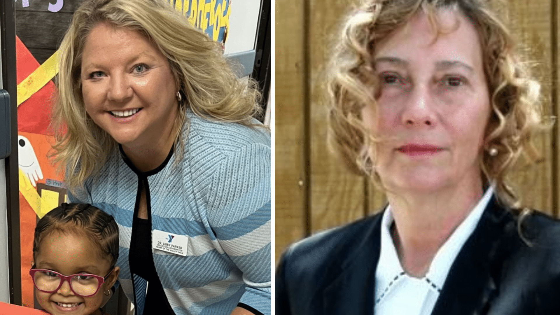 The image is a split collage of two photos. On the left side, there’s a photo featuring a woman with blonde hair smiling and crouching