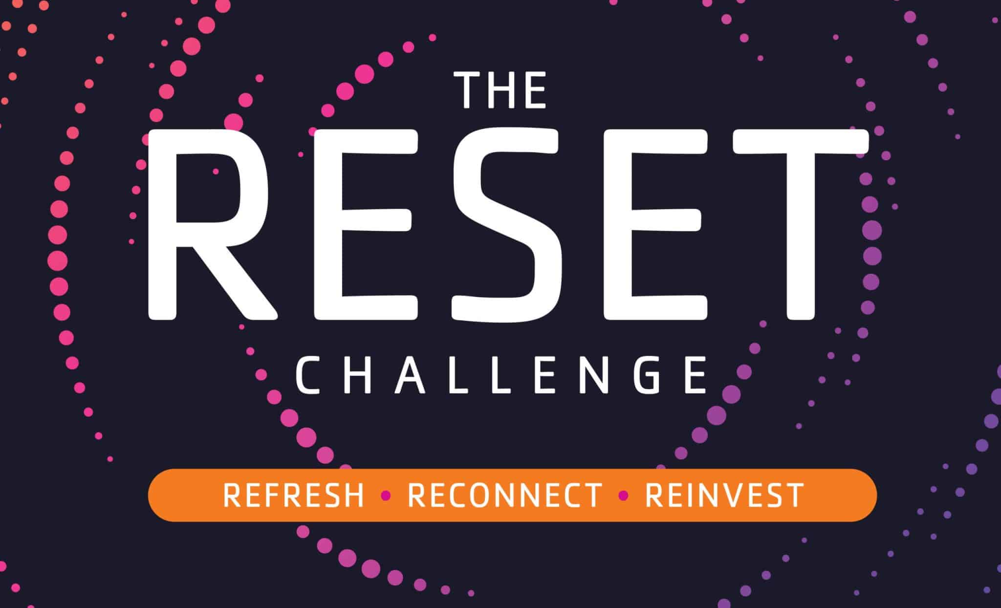 The image features the phrase "THE RESET CHALLENGE" prominently displayed in large, bold white letters on a dark blue background. Below the main text