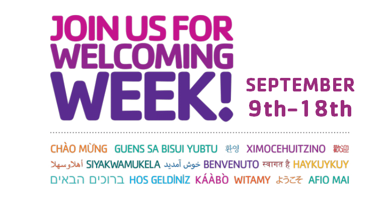 The image features a colorful and vibrant banner inviting viewers to join an event titled "Welcoming Week." The main text, "JOIN US FOR WEL