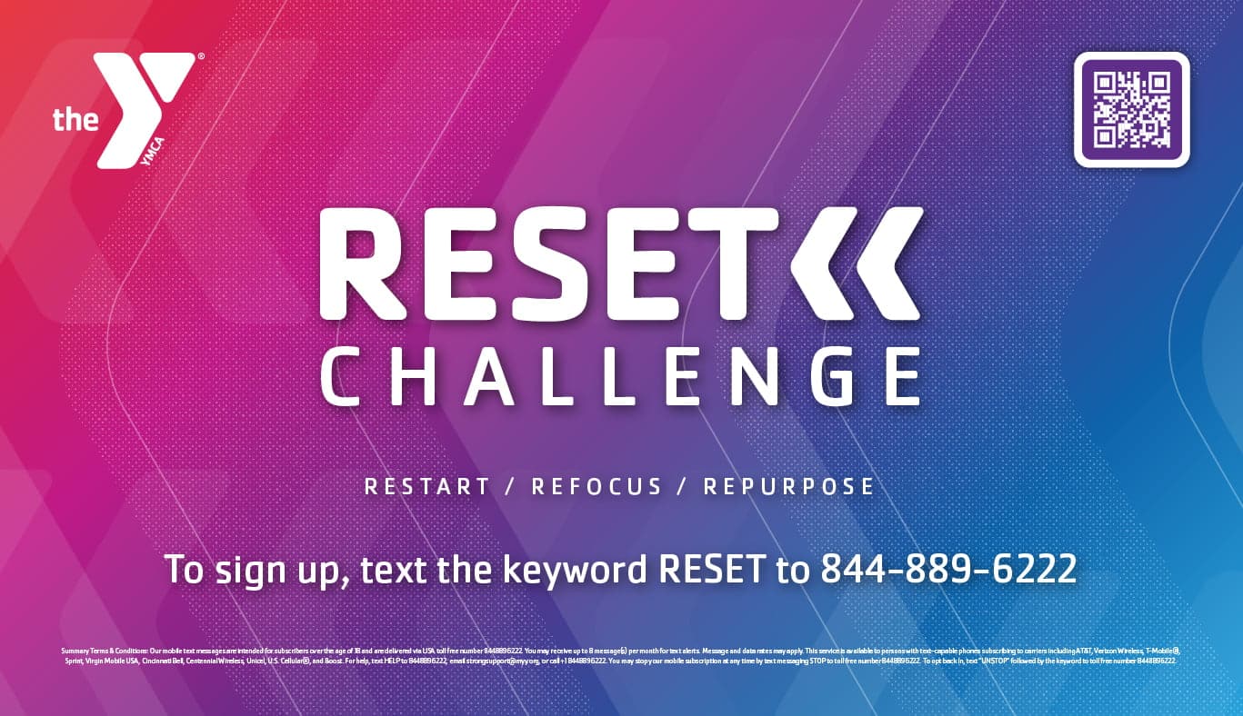 This image is a promotional graphic for the "Reset Challenge" presented by the YMCA