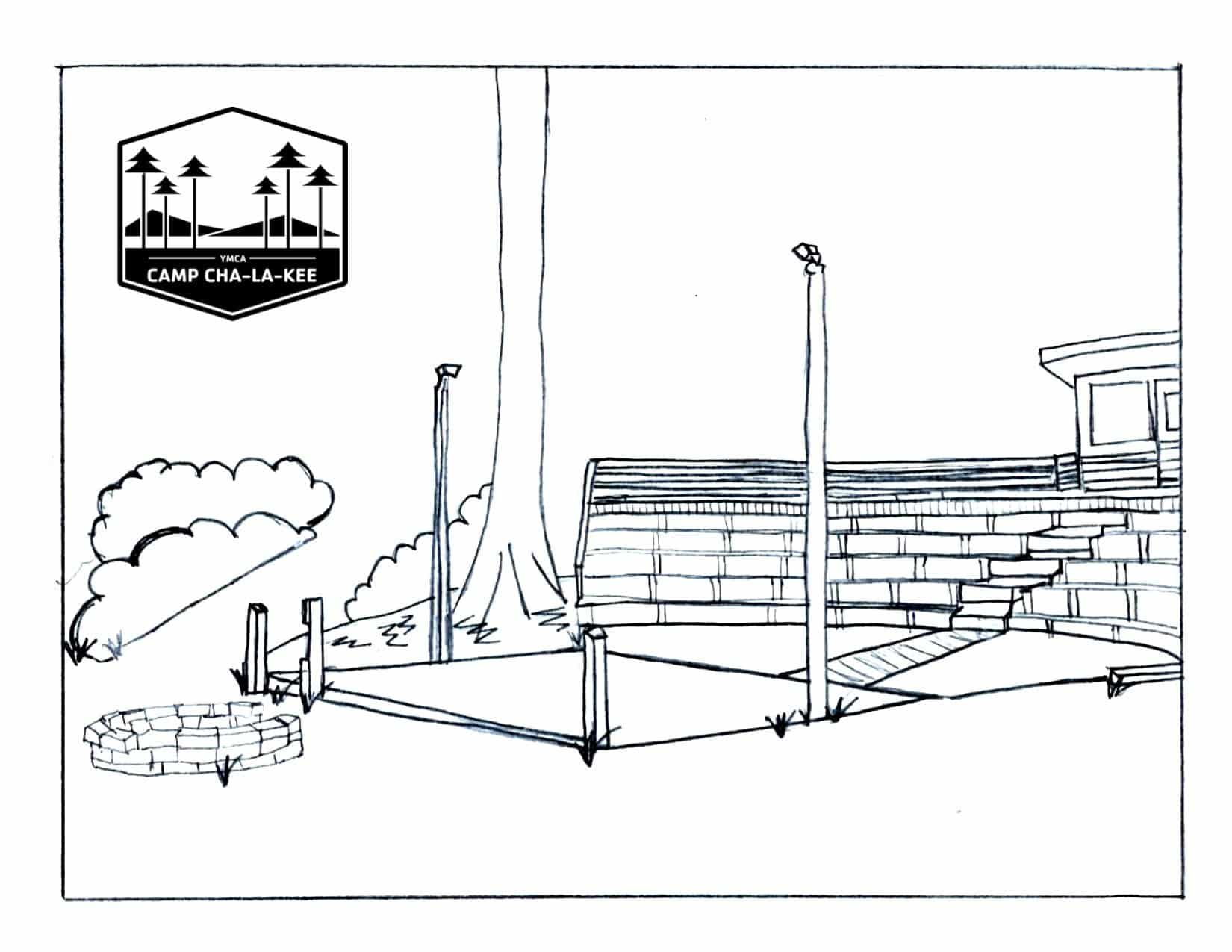 The image is a line drawing of an outdoor scene, presumably at a camp named "Camp Cha-La-Kee," as indicated by the sign hanging from