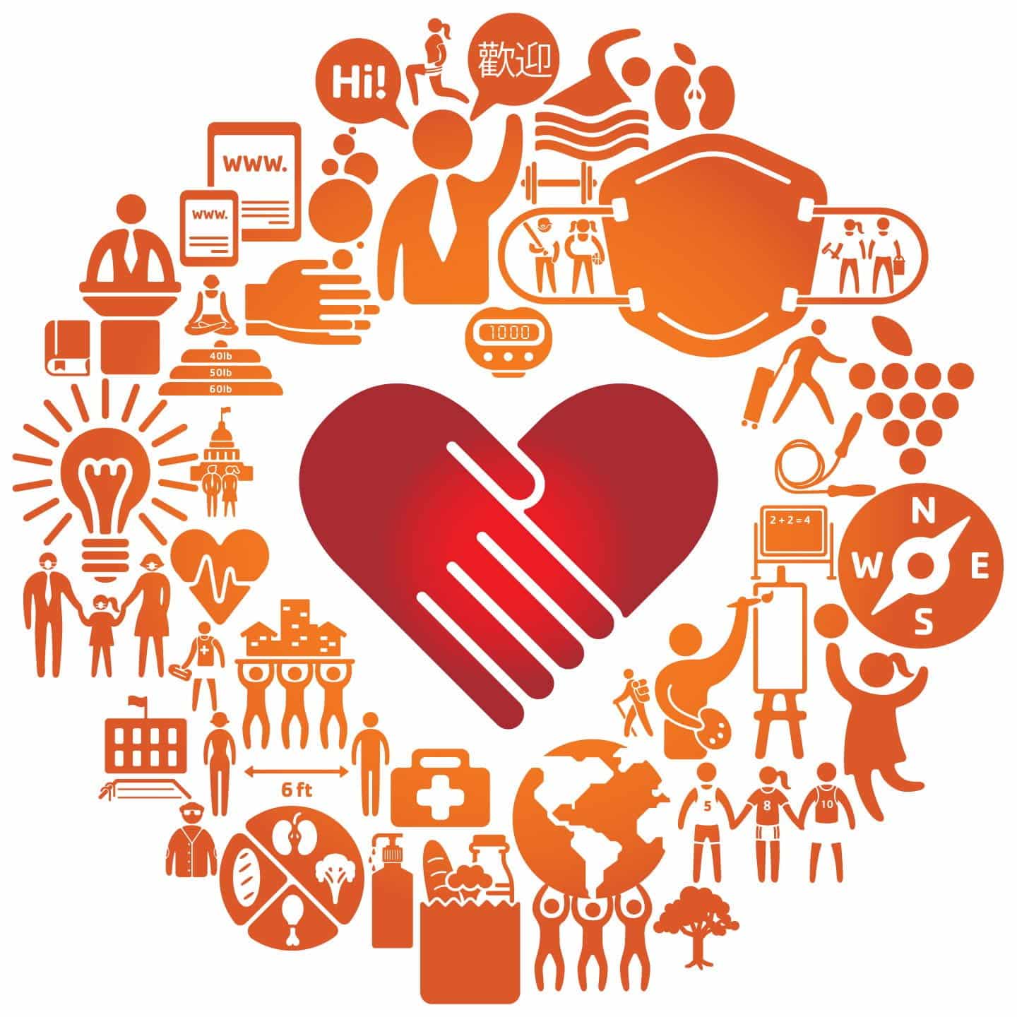 This image is a colorful collage made up of various icons and silhouettes representing different themes and activities. Central to the image is a large red heart