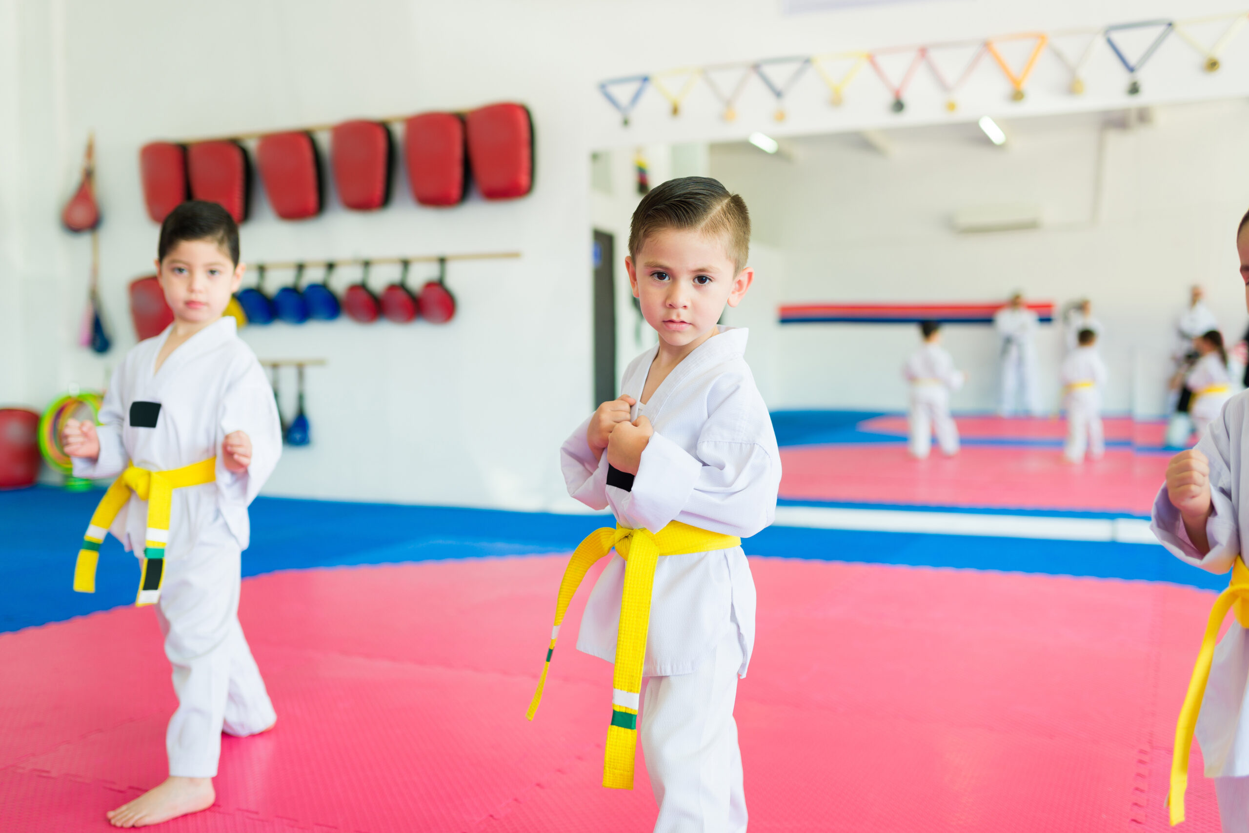 Cute caucasian kids with yellow belt practicing taekwondo and training martial arts